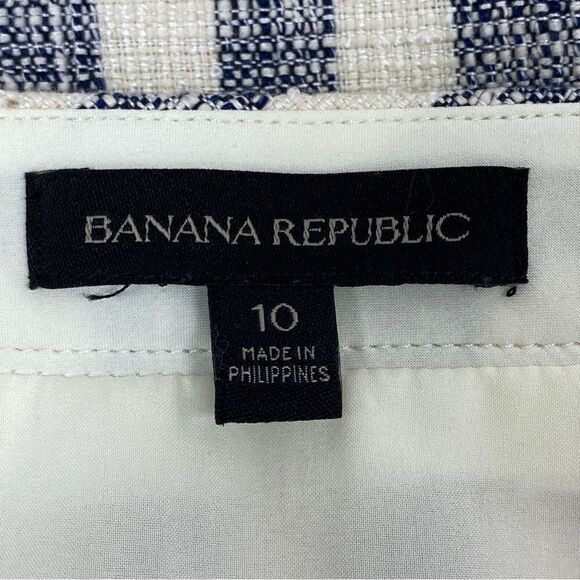Banana Republic Striped Tweed Midi Skirt Fringe Trim Pencil Blue White Size 10 - Picture 11 of 13